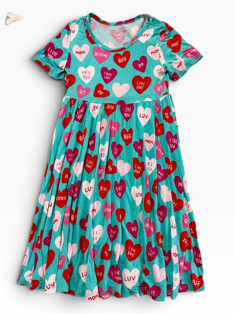 Posh Peanut Teal CandyHeart Print Short Sleeve Twirl Dress, 5T
